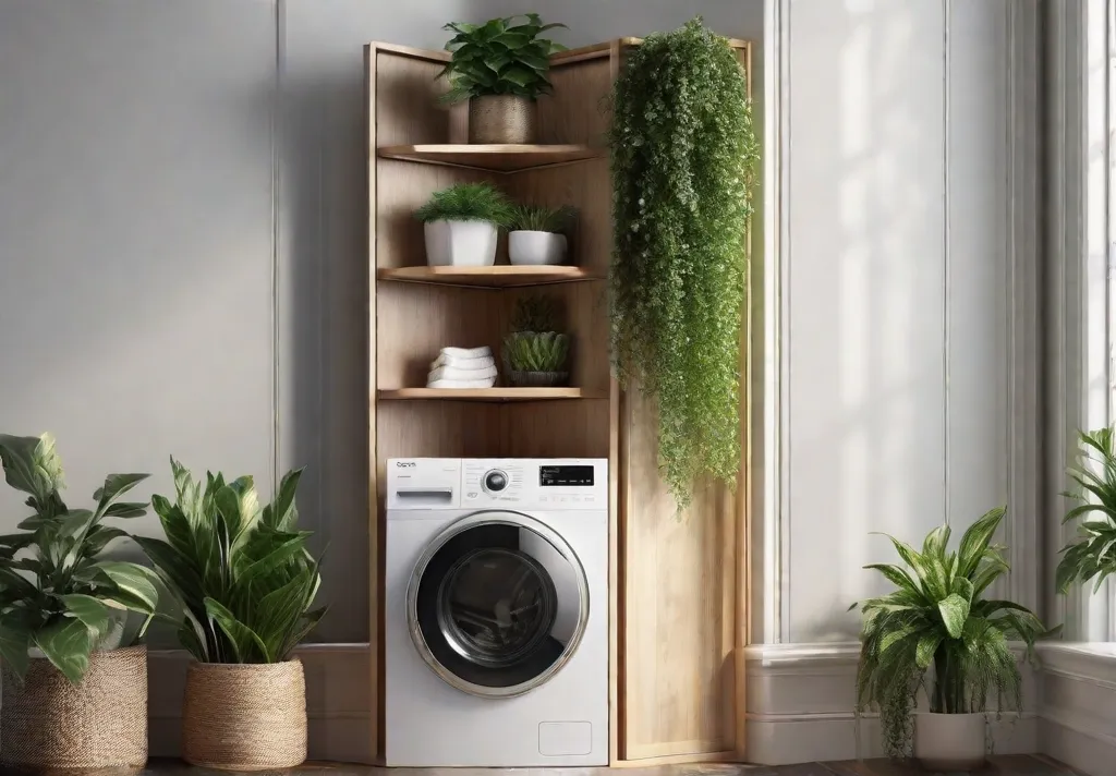 A beautifully crafted corner shelf unit filled with indoor plants and laundry