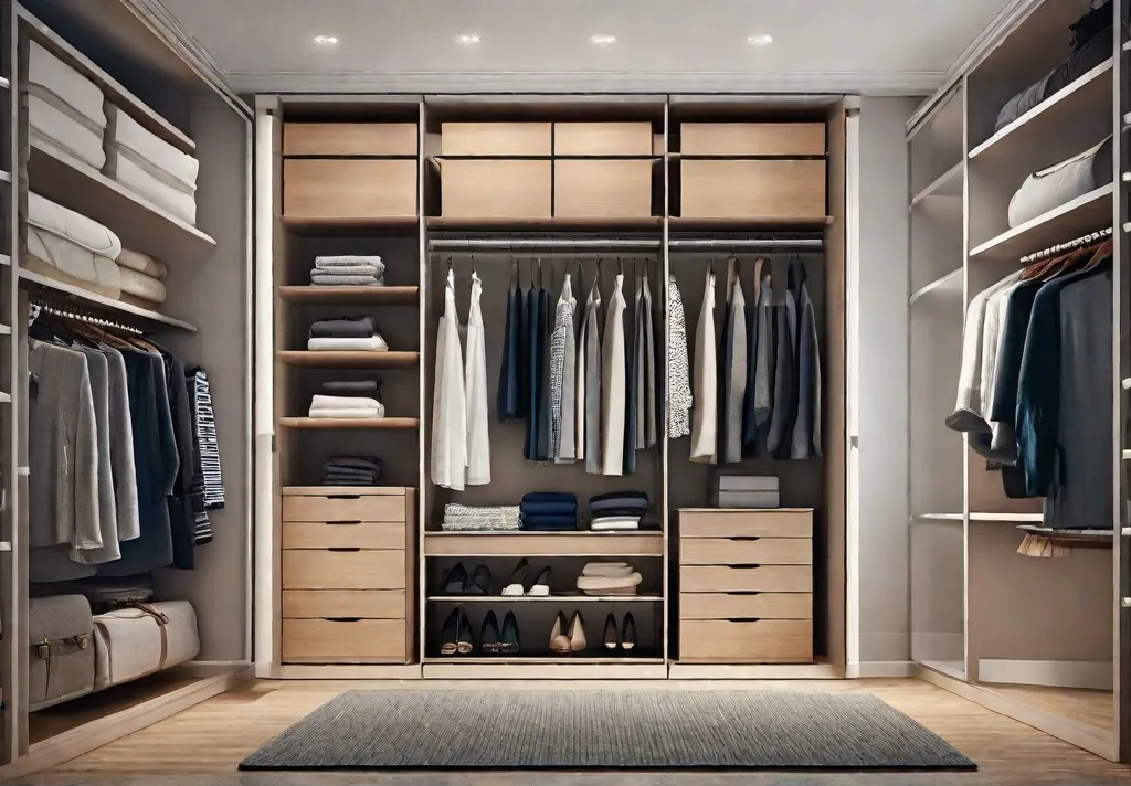 A bedroom closet organized using the KonMari method with clothes folded vertically
