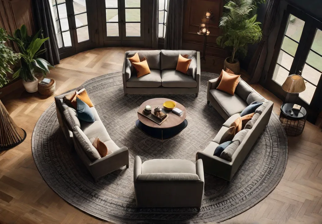A birds eye view of a living room arranged in a conversational circle