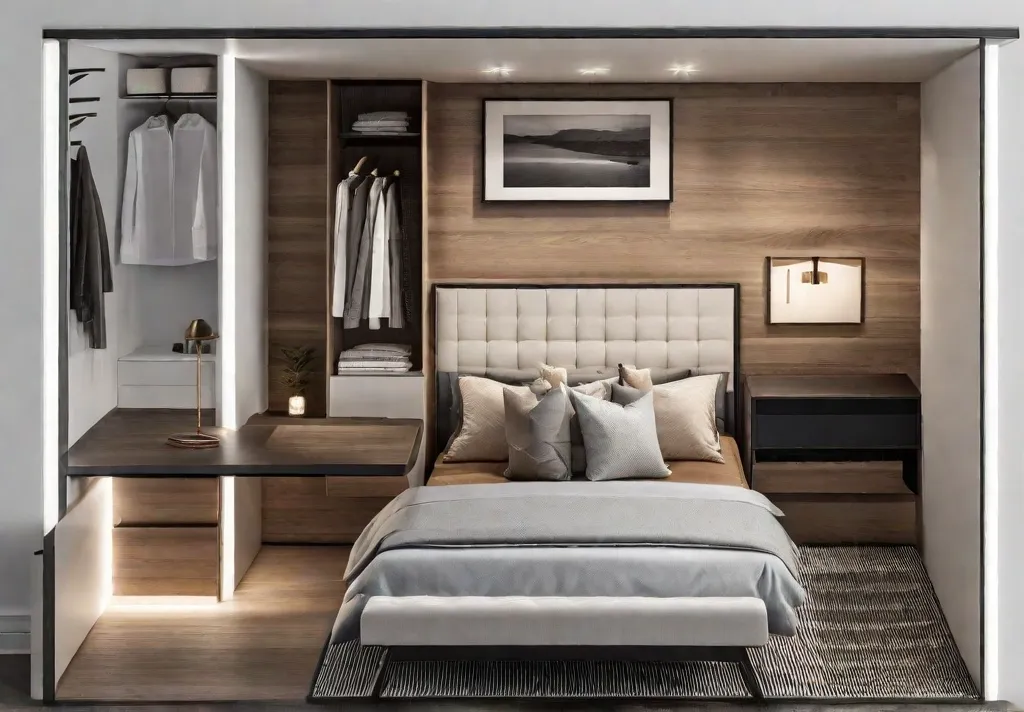 A birdseye view of a minimalist bedroom layout highlighting the strategic placement