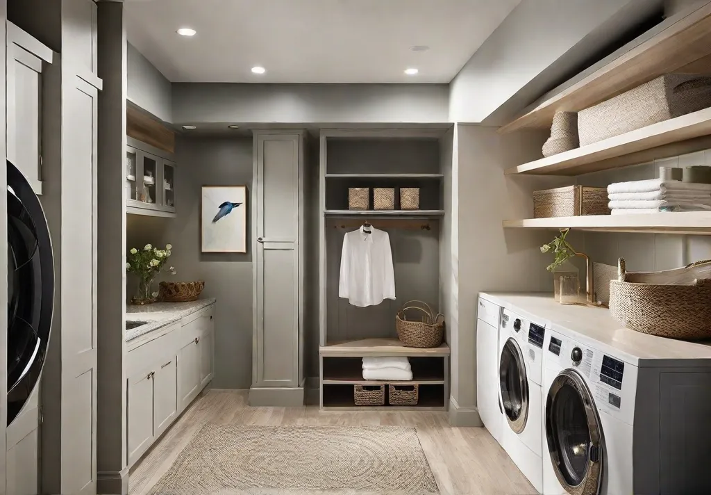 A birdseye view of a small laundry room transformed into a chic