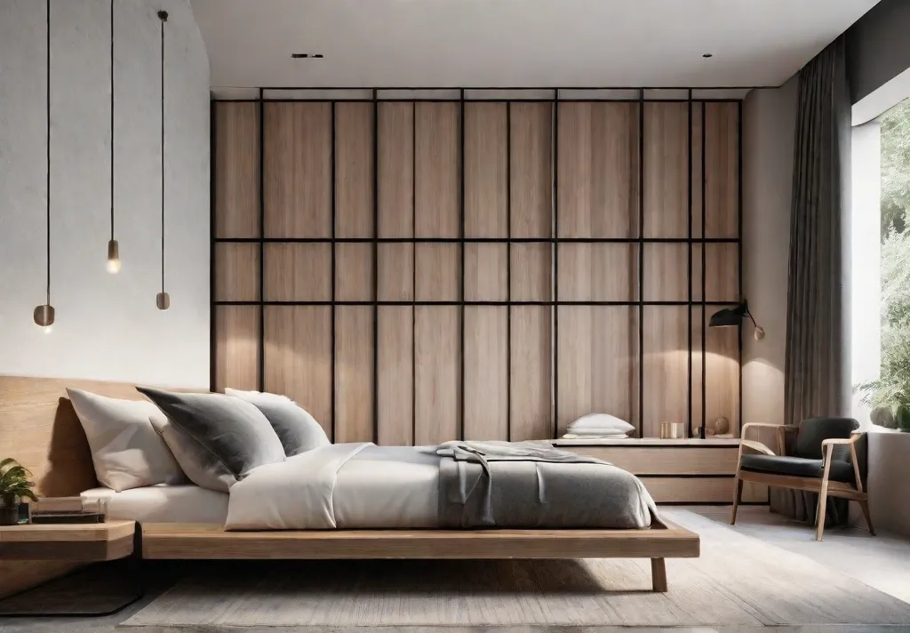 A bright airy bedroom with a minimalistic wooden bed frame a single