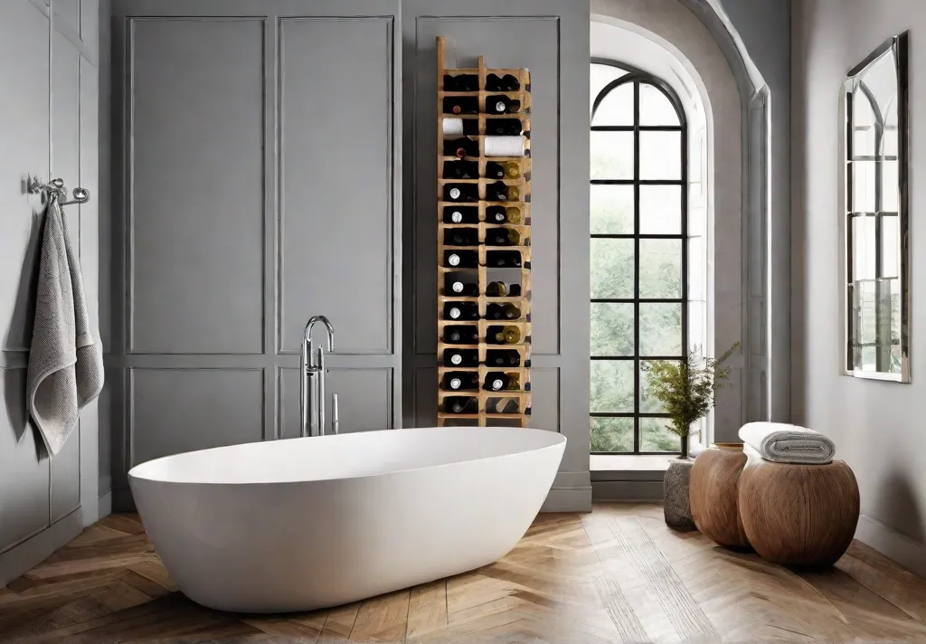 A bright and airy bathroom with a wall mounted towel rack featuring a unique wine rack design