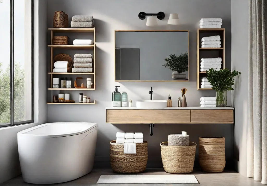 A bright and airy bathroom with white floating shelves mounted on one wall