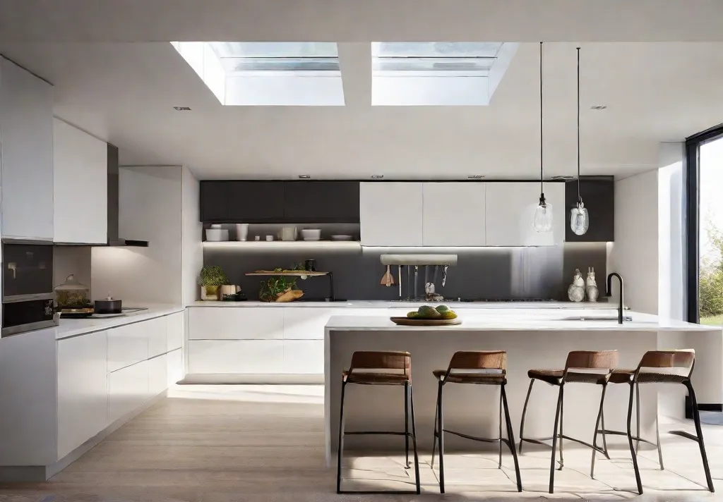 A bright and airy kitchen maximizing natural light with reflective white surfaces