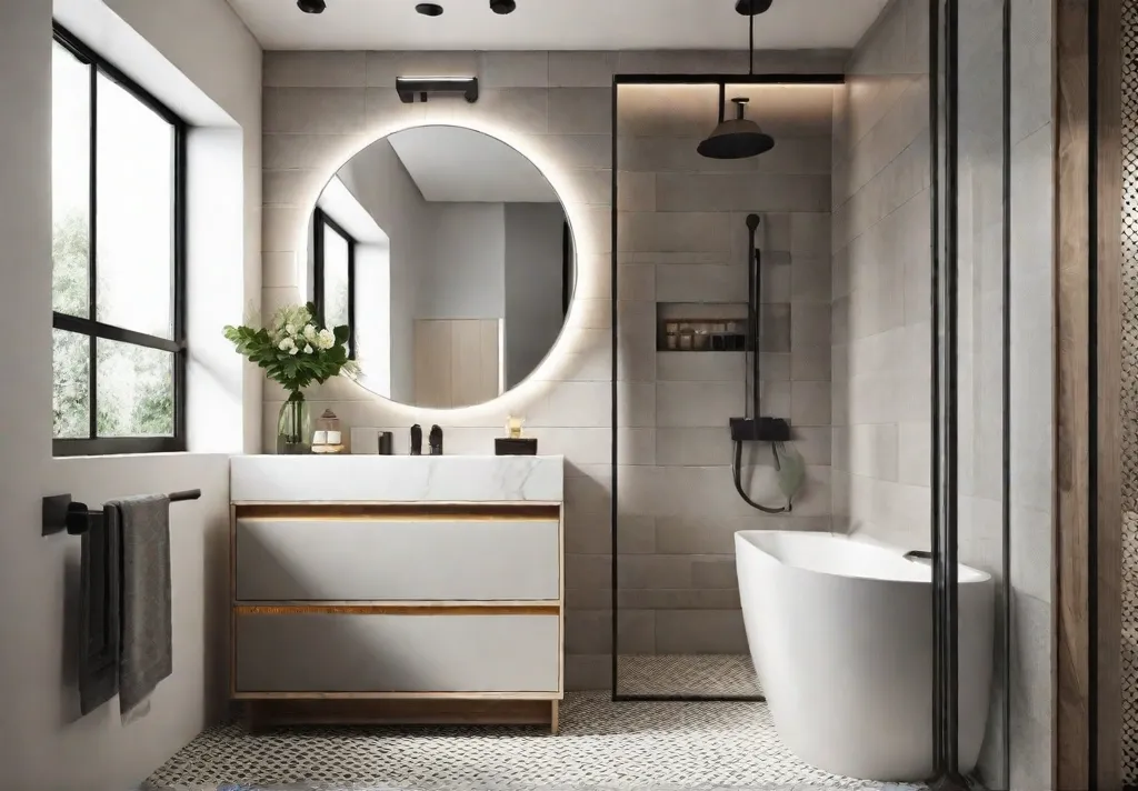 A bright and airy small bathroom featuring a sleek exhaust fan integrated into the ceiling