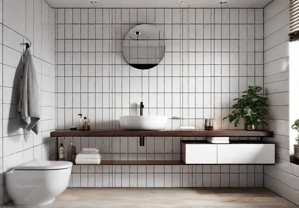 A bright and airy small bathroom with large white tiles