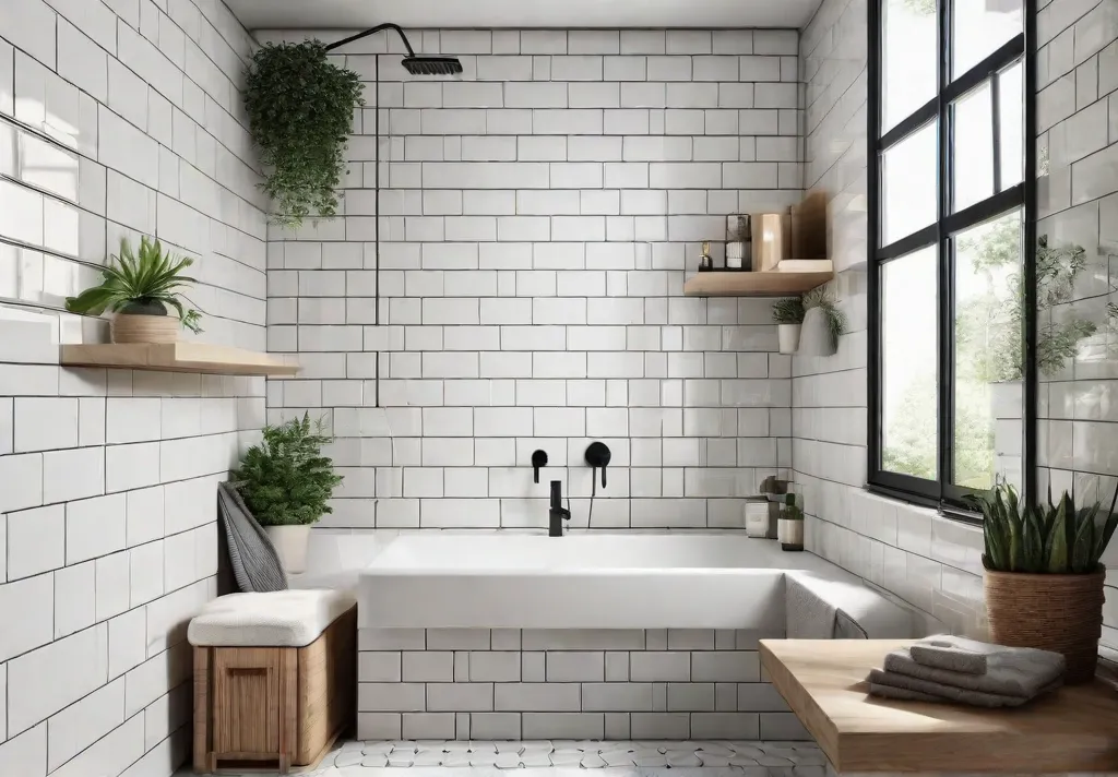 A bright and airy small bathroom with white subway tiles
