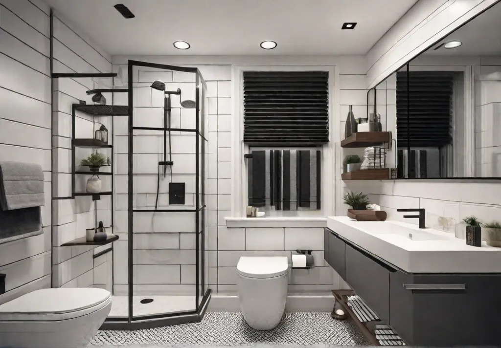 A bright and organized small bathroom with wall mounted shelves