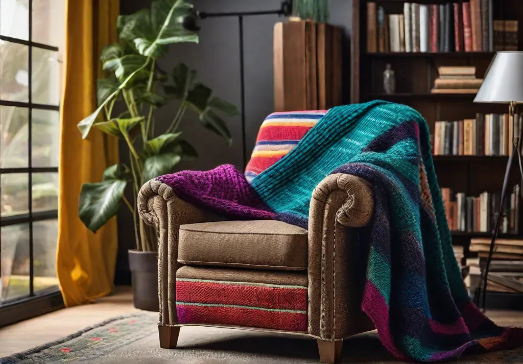 A brightly colored upcycled armchair with a cozy knit blanket draped over it
