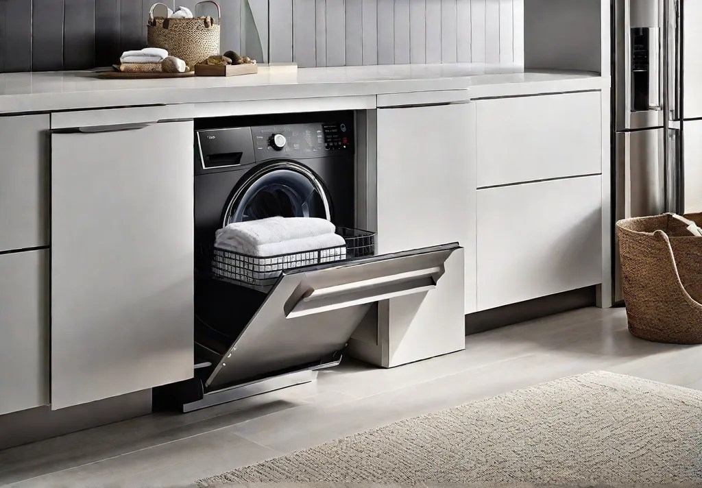 A builtin pullout hamper hidden within sleek cabinetry demonstrating a tidy and