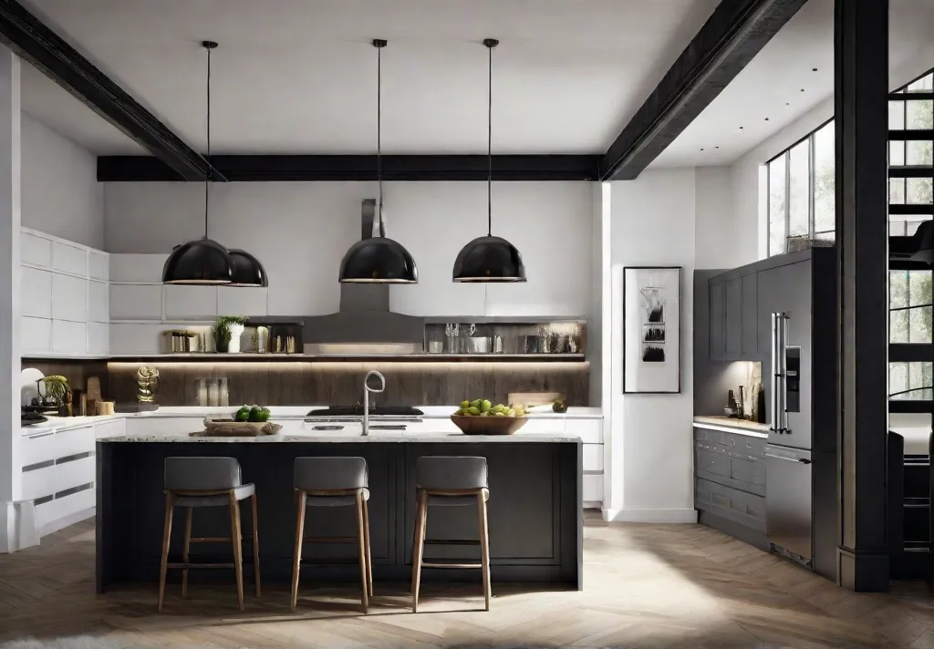 A chic industrialstyle kitchen with exposed beams illuminated by a series of