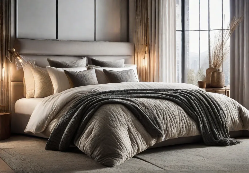 A closeup of textured bedding and throw pillows in a minimalist bedroom