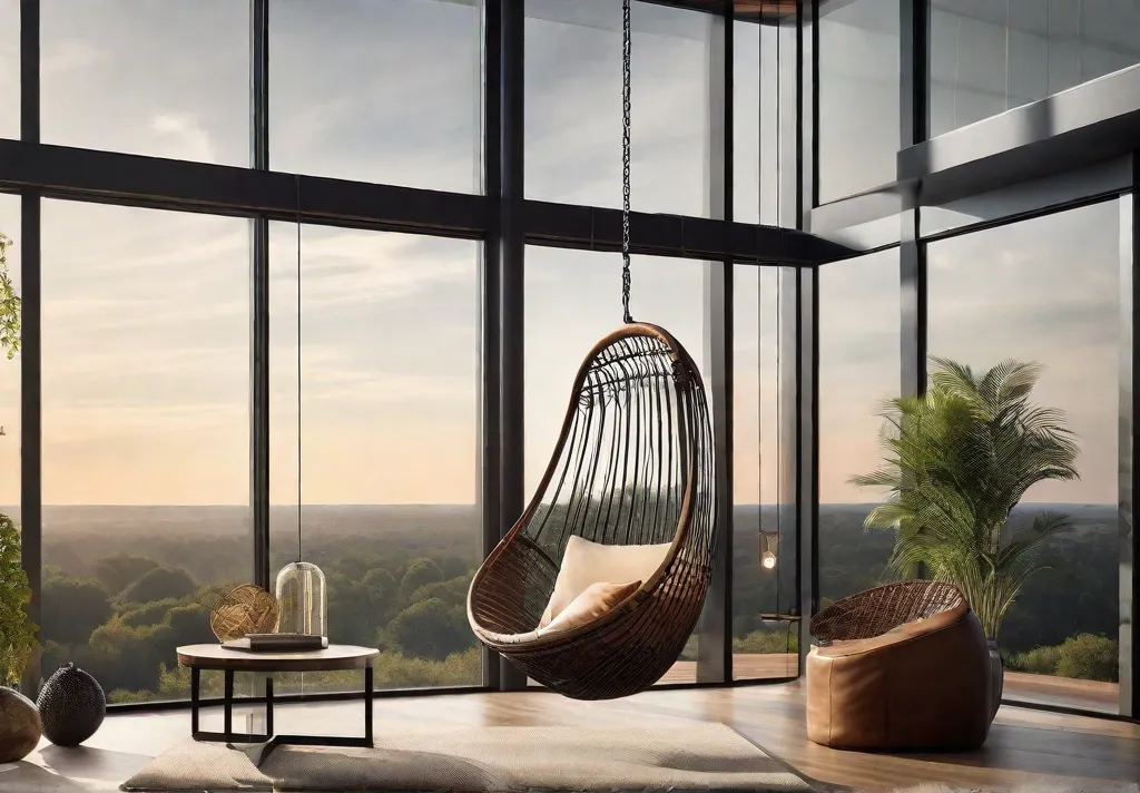 A conceptual image highlighting a playful swing chair suspended from a high ceiling in a spacious living room