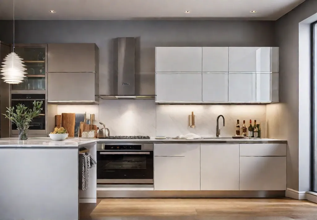 A contemporary kitchen utilizing versatile track lighting spotlighting a vibrant backsplash and