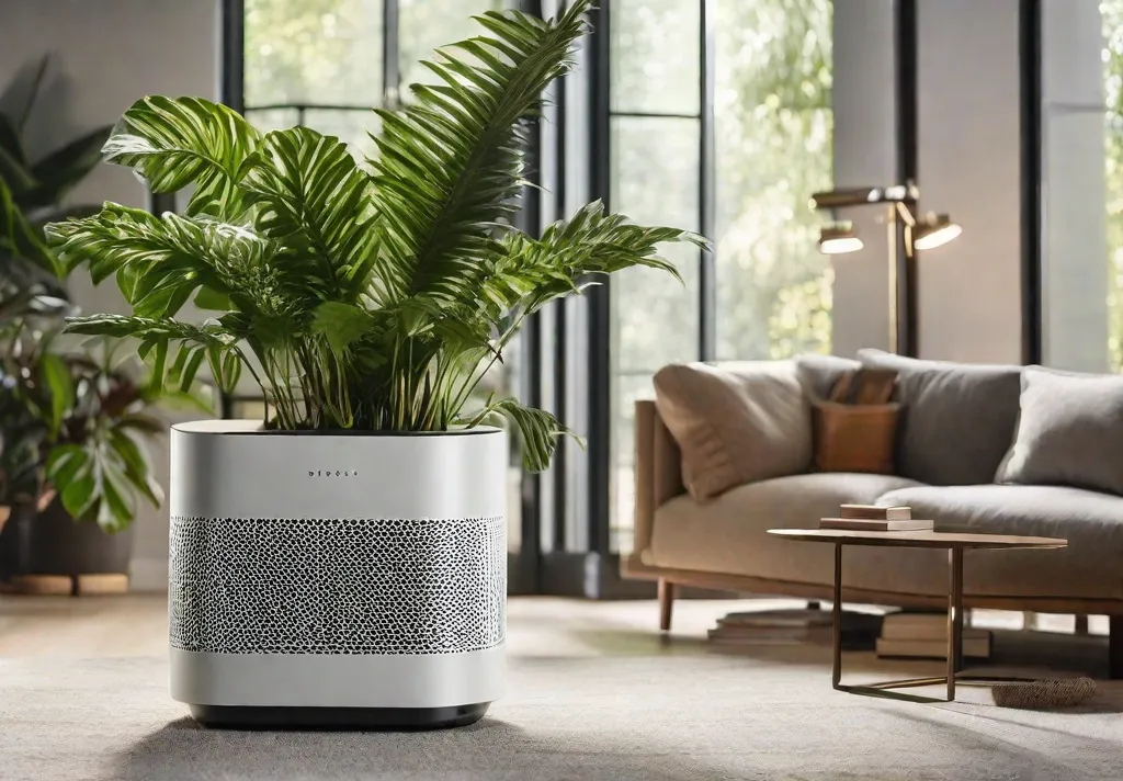 A corner of a living room showcasing a high tech air purifier standing unobtrusively beside a lush indoor plant