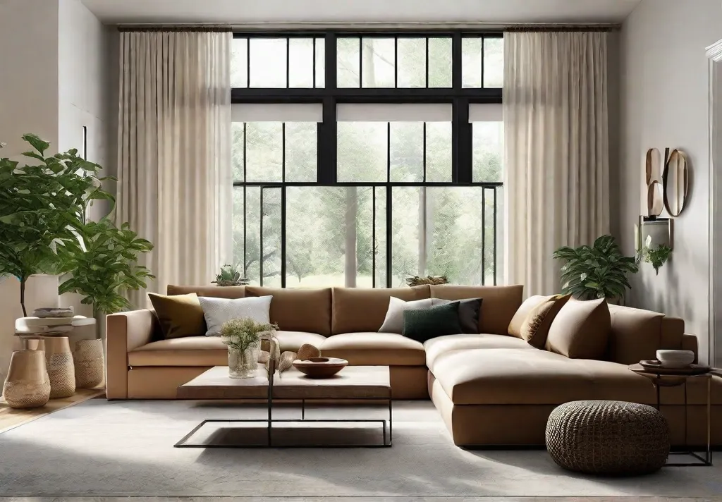 A cozy and inviting living room with a large sectional sofa arranged in a U shape around a coffee table