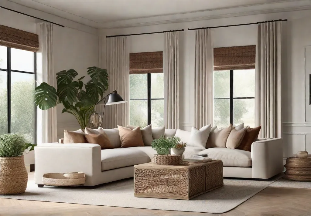 A cozy and inviting living room with light colored walls