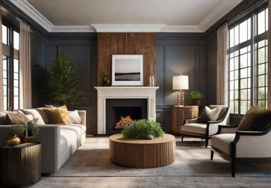 A cozy and inviting petite living room with natural elements such as wood paneling on the walls