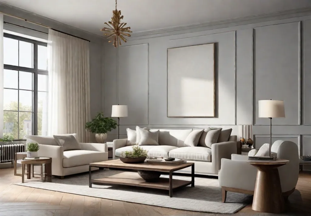 A cozy and spacious living room with light gray walls