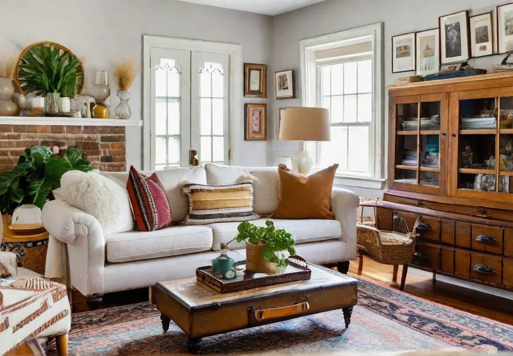 A cozy and stylish living room featuring a mix of second hand and upcycled furniture and decor