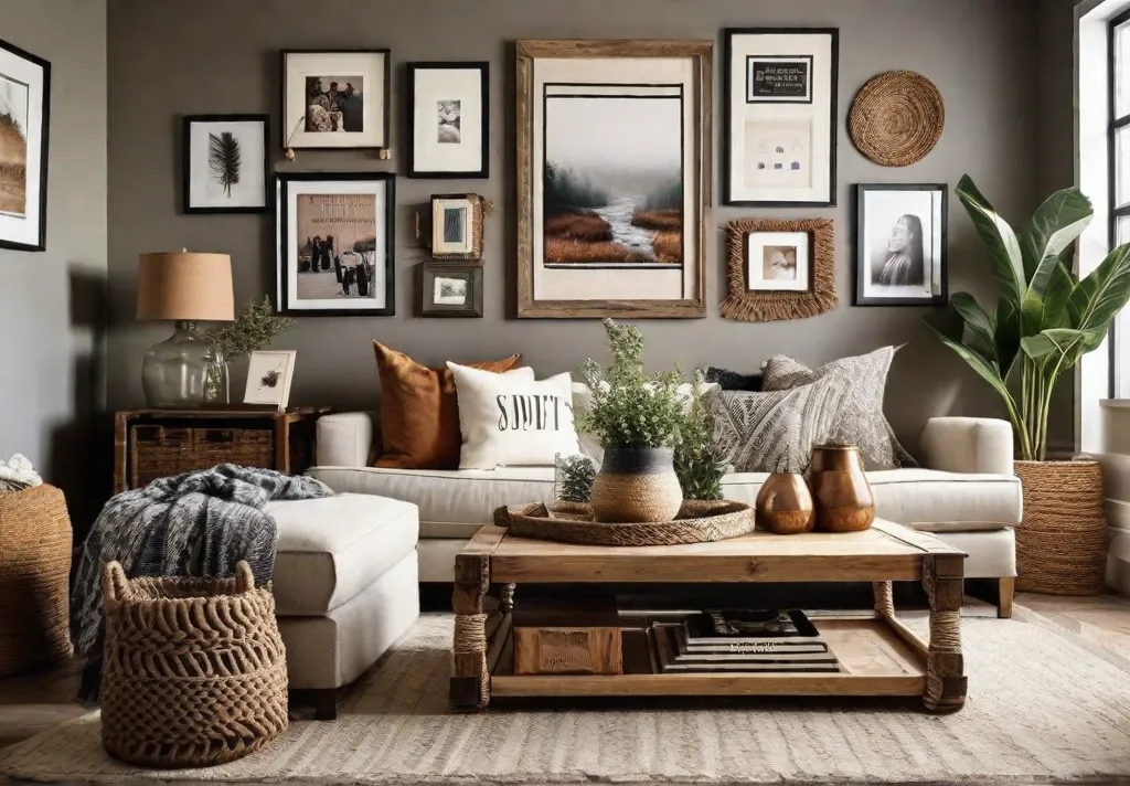 A cozy and stylish living room with a mix of DIY decor elements