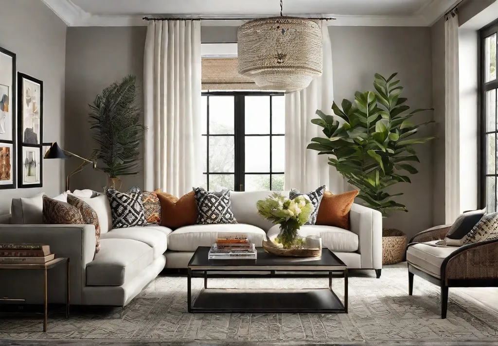 A cozy and stylish living room with a mix of patterns and textures