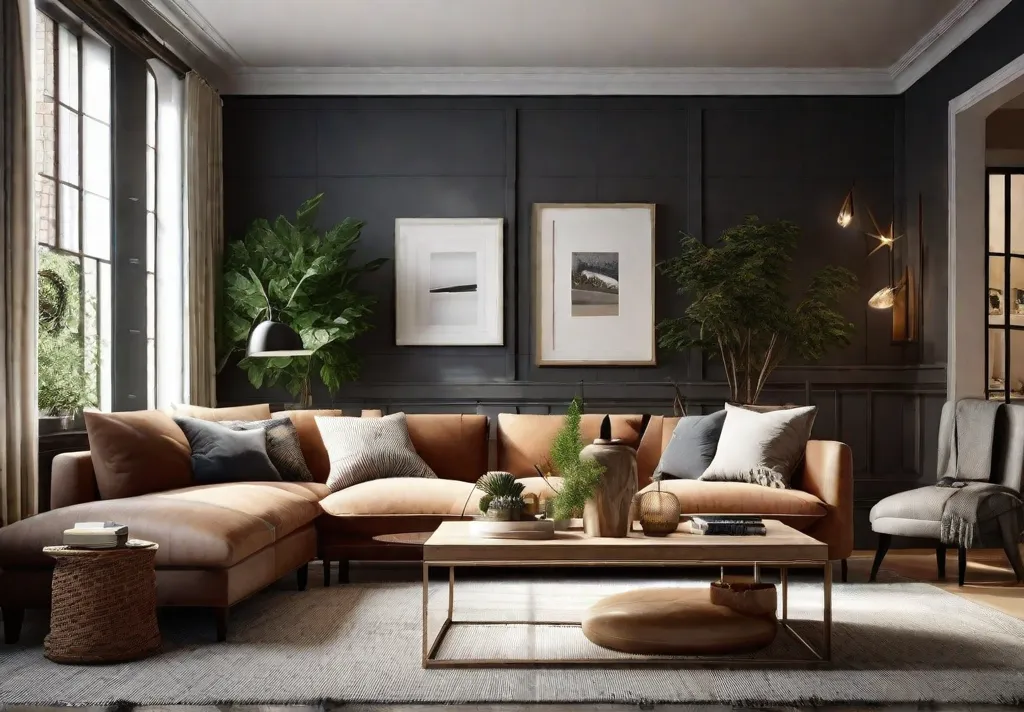 A cozy and stylish small living room with a comfortable sofa 1