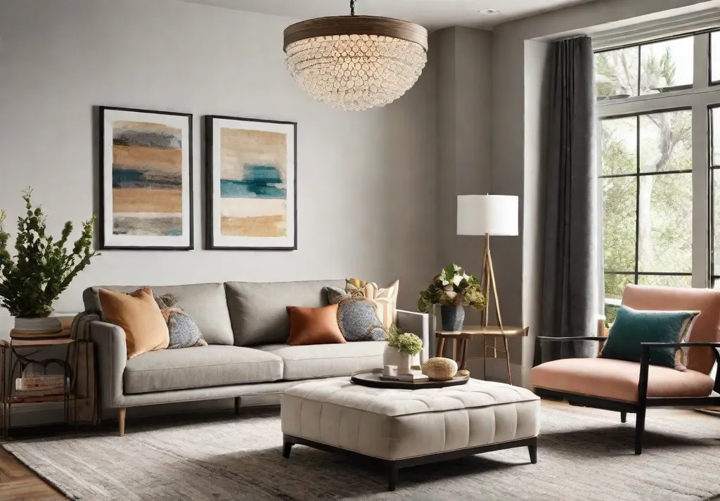 A cozy and stylish small living room with a neutral color palette 1