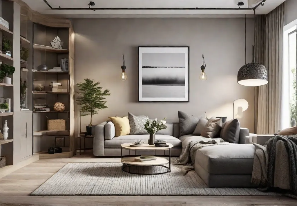 A cozy and stylish small living room with a neutral color palette