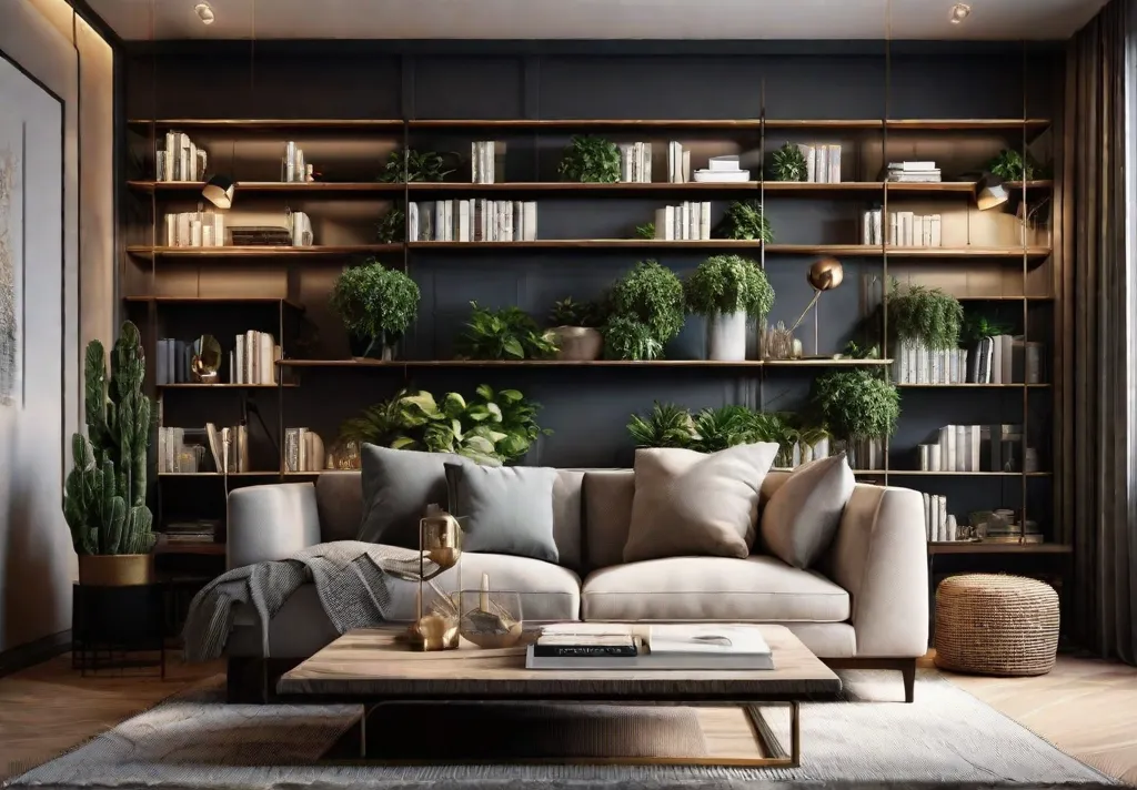 A cozy and stylish small living room with floating shelves displaying books