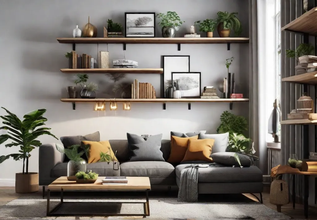 A cozy and stylish small living room with wall mounted shelves and hanging decor