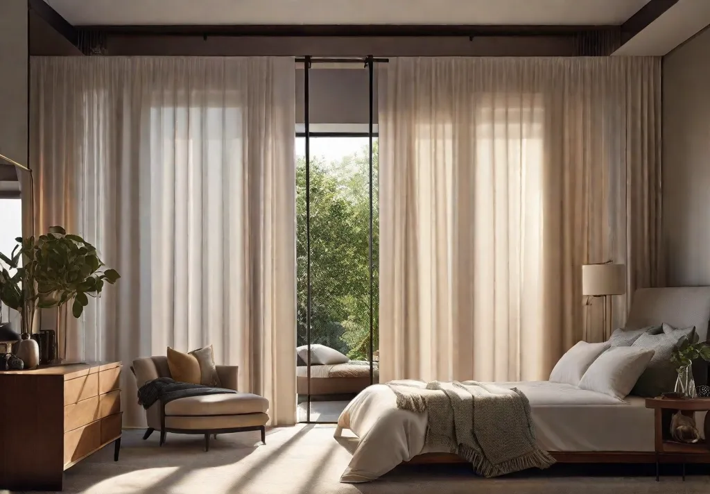 A cozy bedroom bathed in morning sunlight with sheer curtains partially drawn