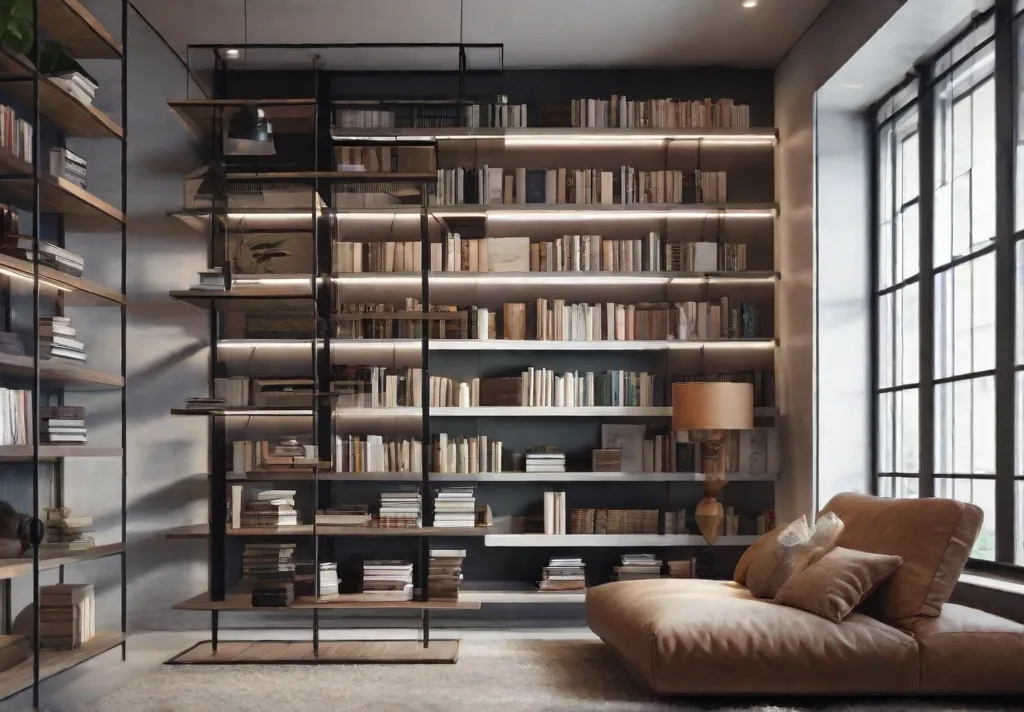 A cozy corner utilizing vertical space with floating shelves holding a selection