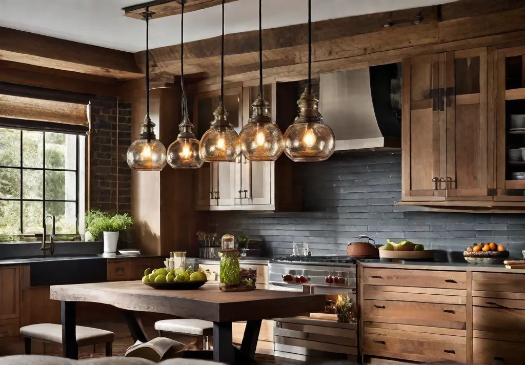 A cozy kitchen illuminated by eclectic pendant lights made of handblown glass