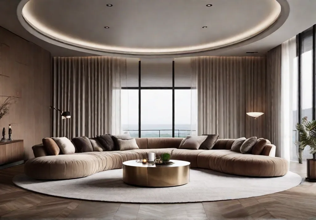 A cozy living room arrangement that focuses on intimacy a semi circular setup of a soft suede sectional sofa and armchairs around a low