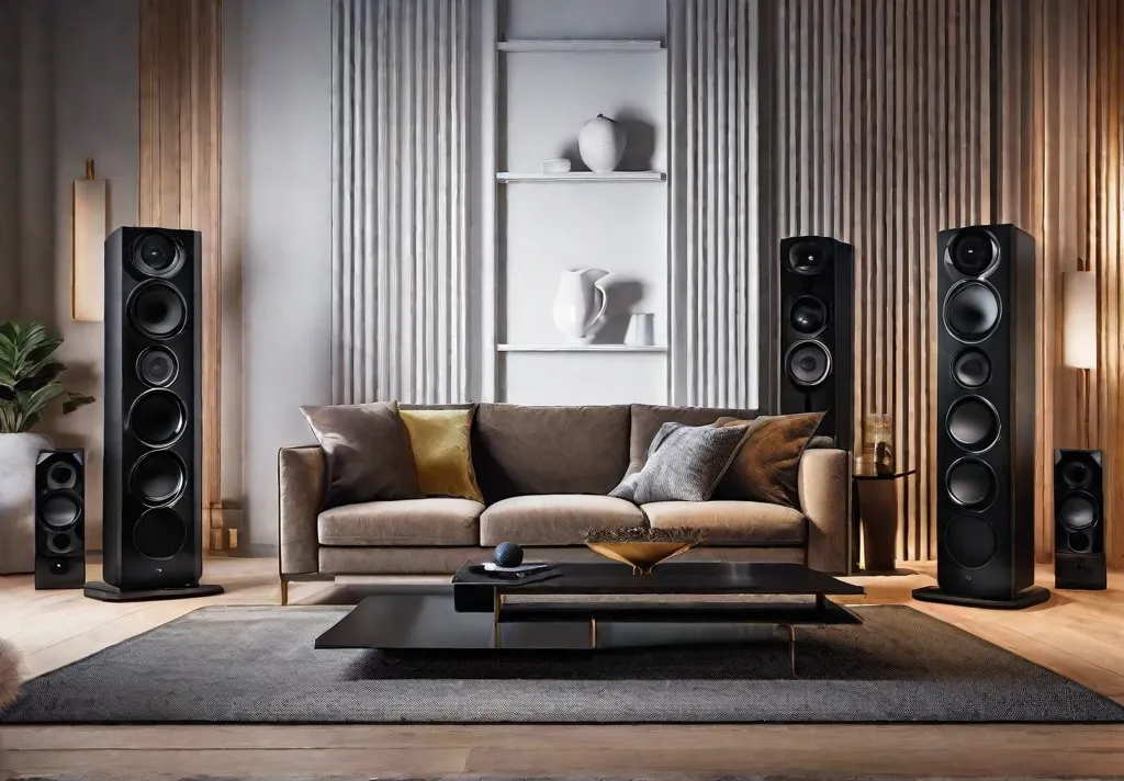 A cozy living room setup at night focused on an immersive sound system configuration with sleek