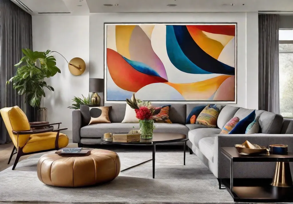 A cozy living room with a bold piece of art as the focal point