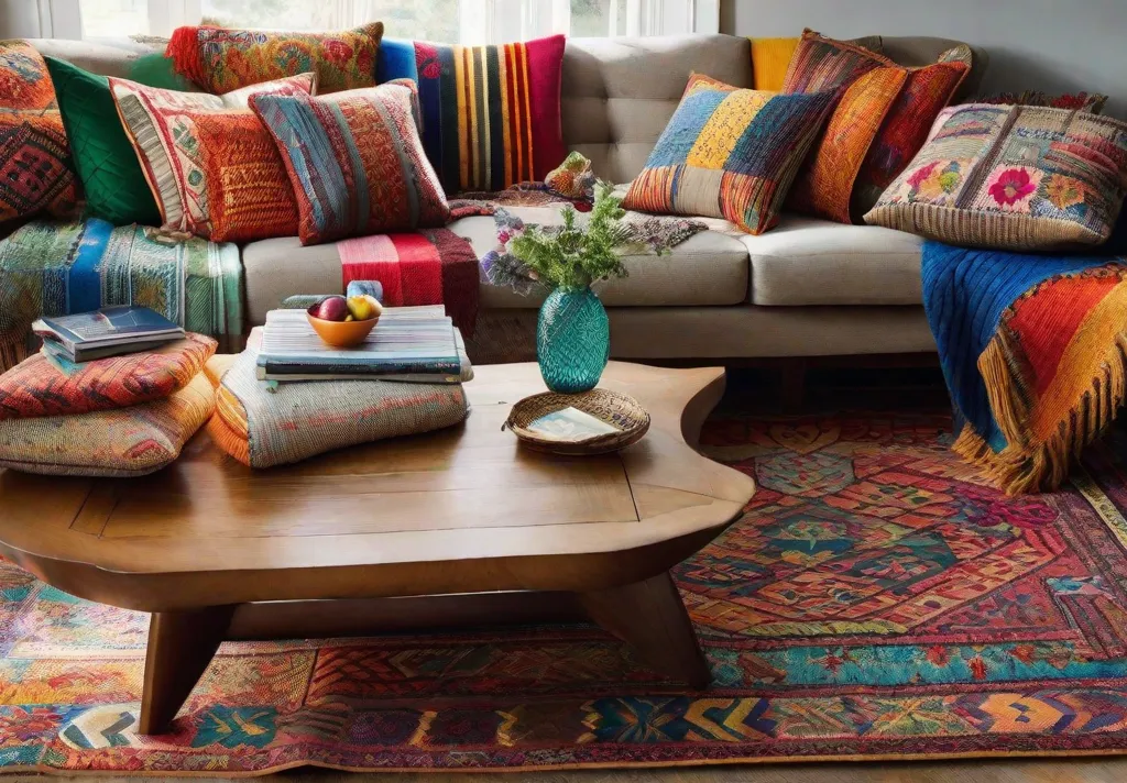 A cozy living room with a colorful patchwork quilt draped over a neutral colored sofa