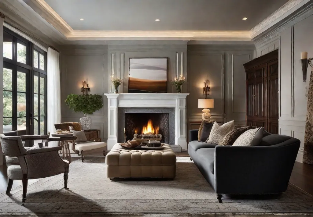 A cozy living room with a fireplace as the focal point