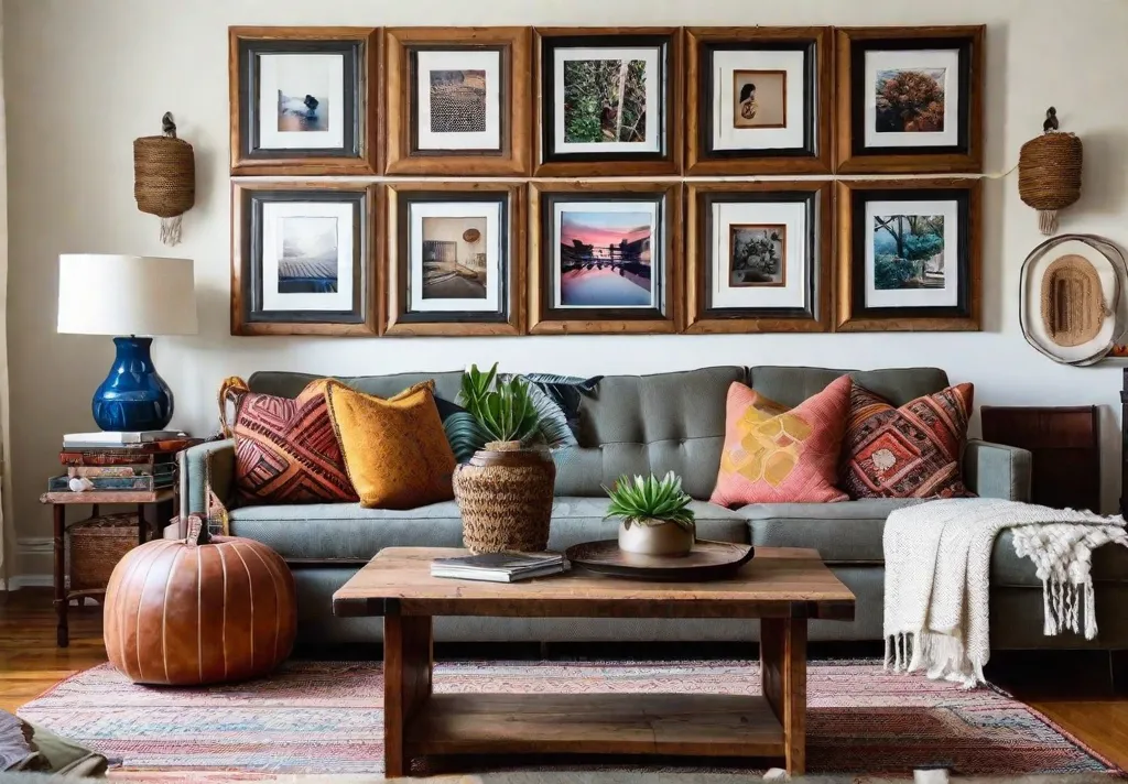 A cozy living room with a gallery wall featuring framed family photos 1
