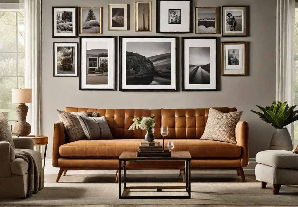 A cozy living room with a gallery wall featuring framed family photos 2