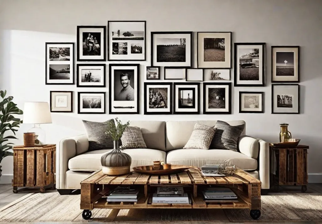 A cozy living room with a gallery wall featuring framed family photos