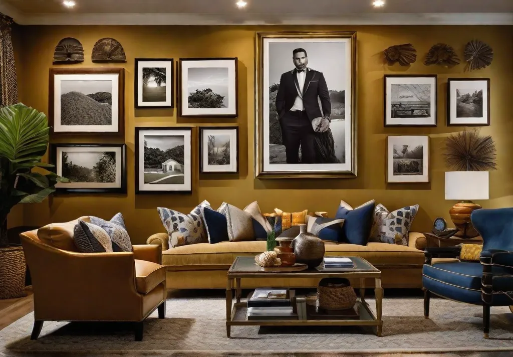 A cozy living room with a gallery wall filled with family photos