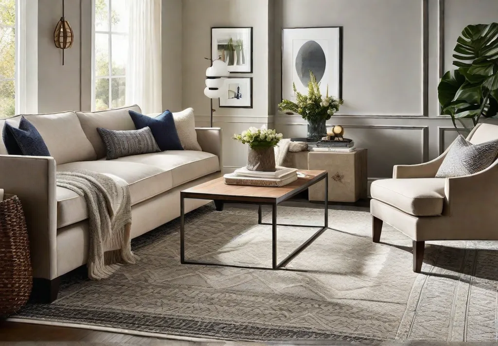 A cozy living room with a large neutral colored rug as the foundation
