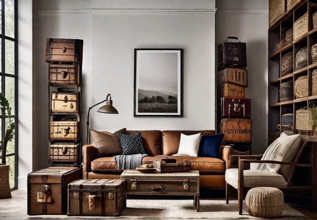 A cozy living room with a mix of repurposed crates