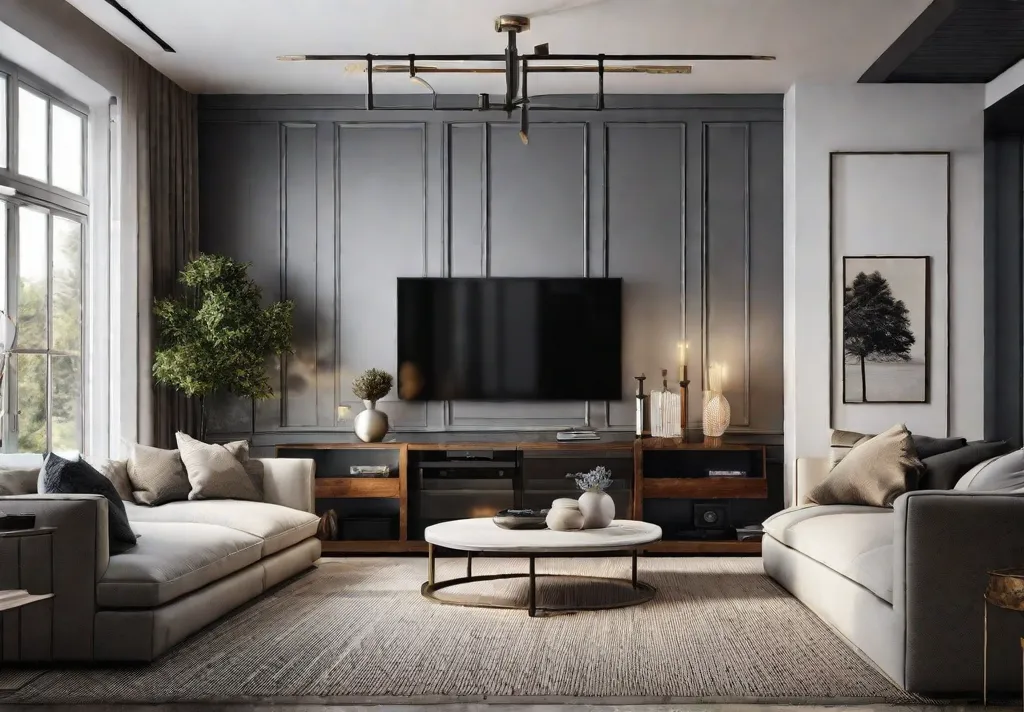 A cozy living room with a neatly organized entertainment center