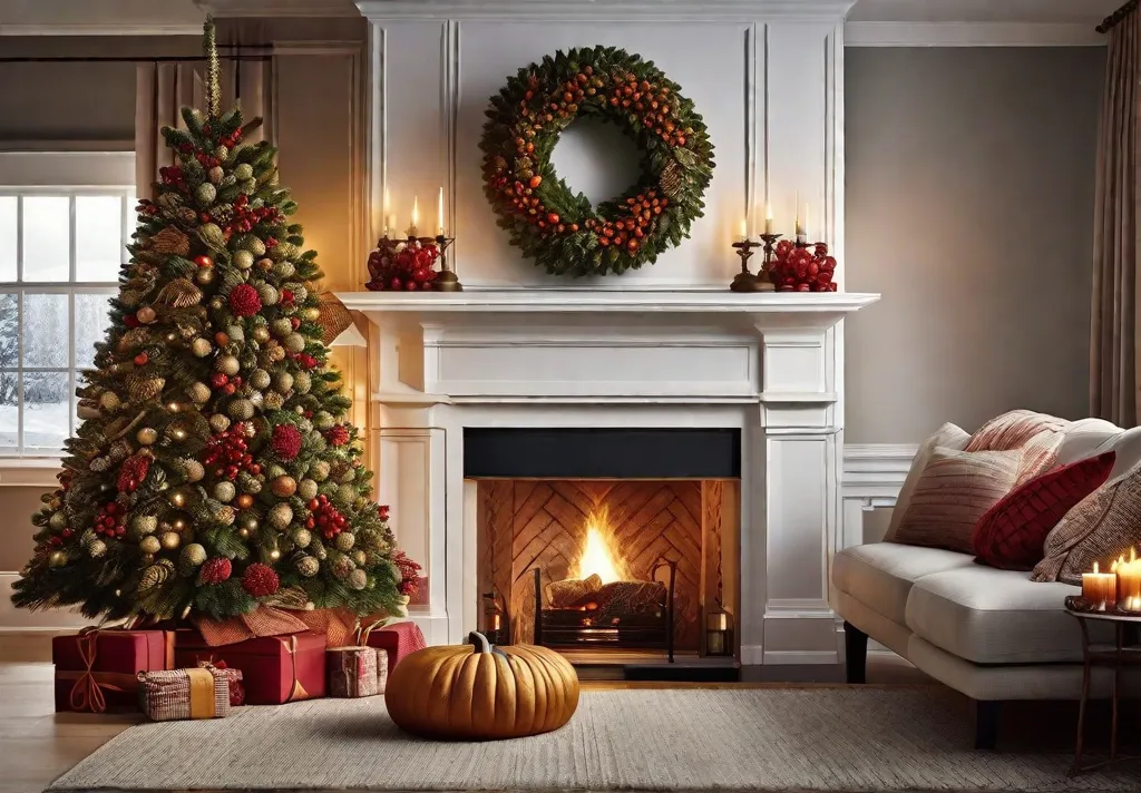 A cozy living room with a seasonal wreath hanging above the fireplace