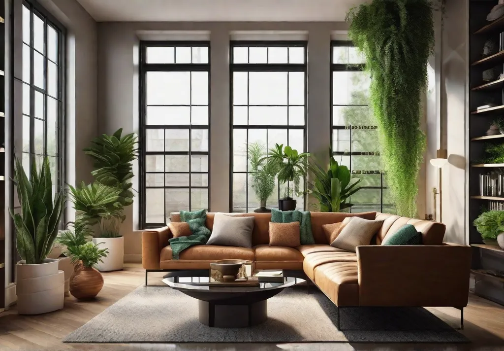 A cozy living room with a variety of indoor plants in stylish planters placed on a window sill
