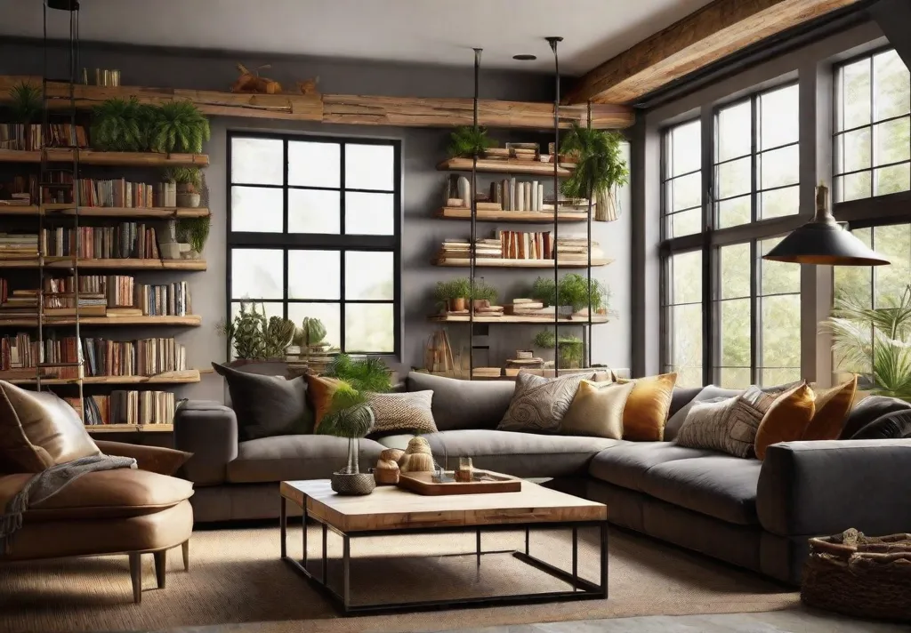 A cozy living room with a wall of floating shelves made from repurposed wooden ladders